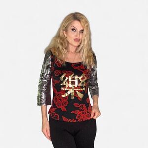 Custo Barcelona Gold “Happiness” Kanji on Red Floral Top